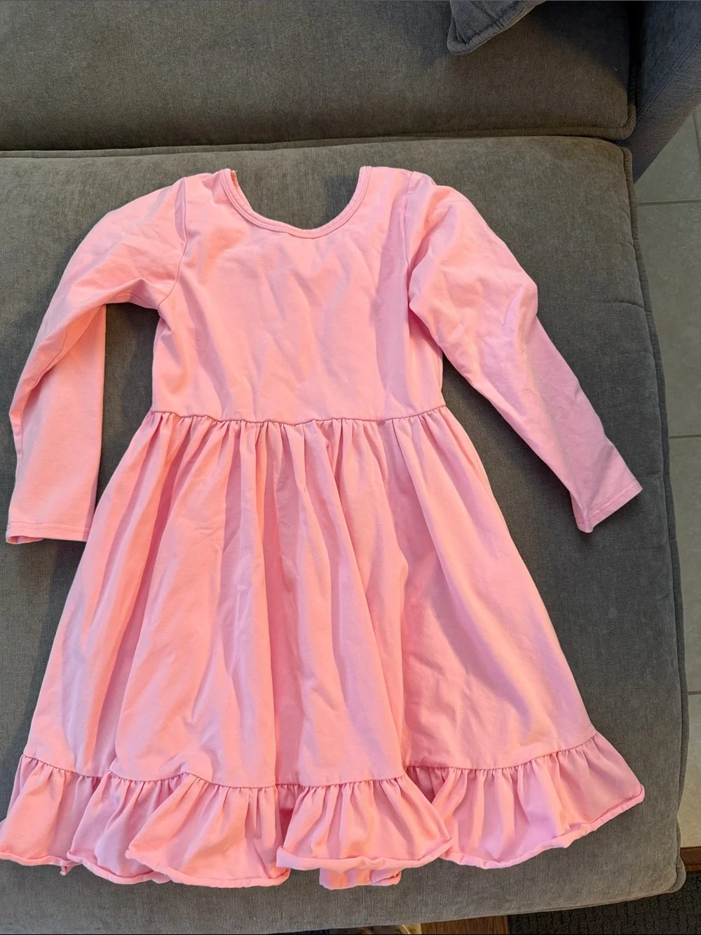 Girls' Long Sleeve Pink Ruffle-Hem Cotton Dress